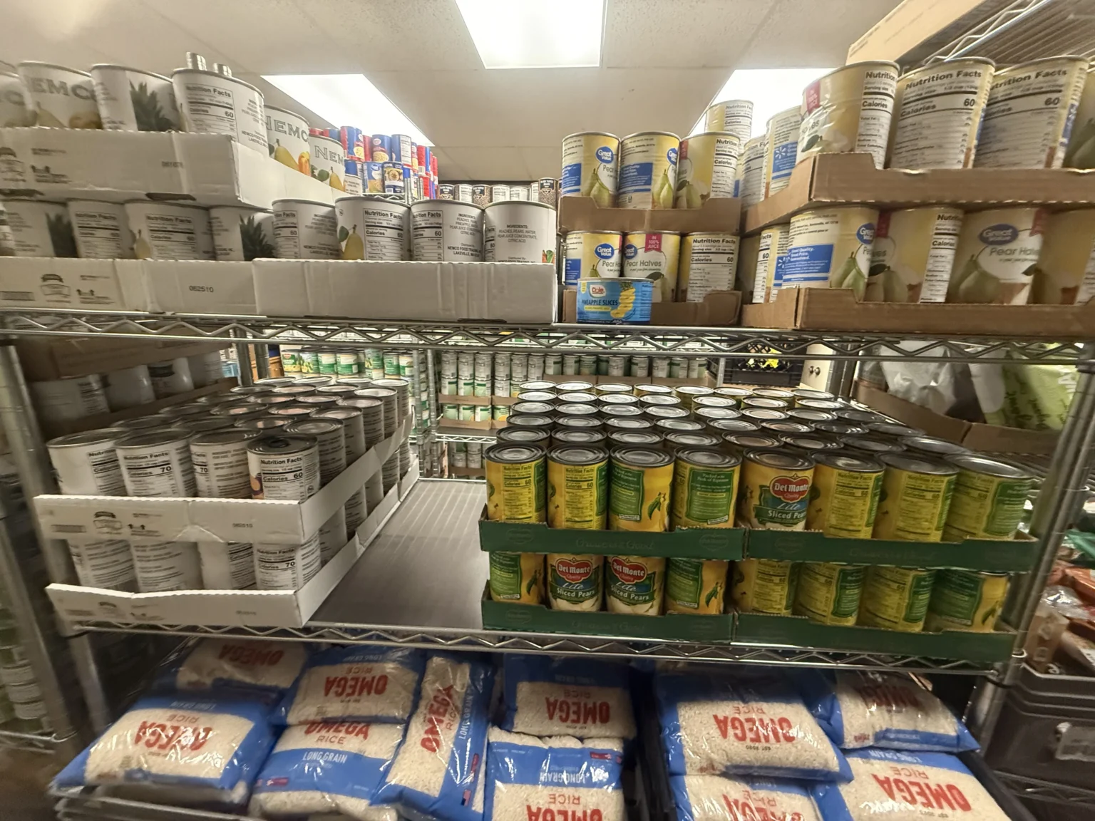 Food on racks ready for distribution.